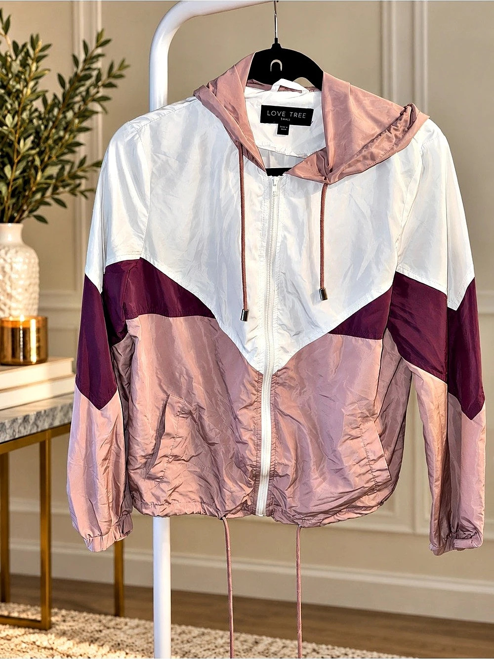 Love Tree Color Block Windbreaker in Pink & White Size Small